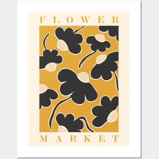 Flower market, Black yellow art, Retro print, Botanical, Aesthetic art, Exhibition poster, Abstract flowers Posters and Art